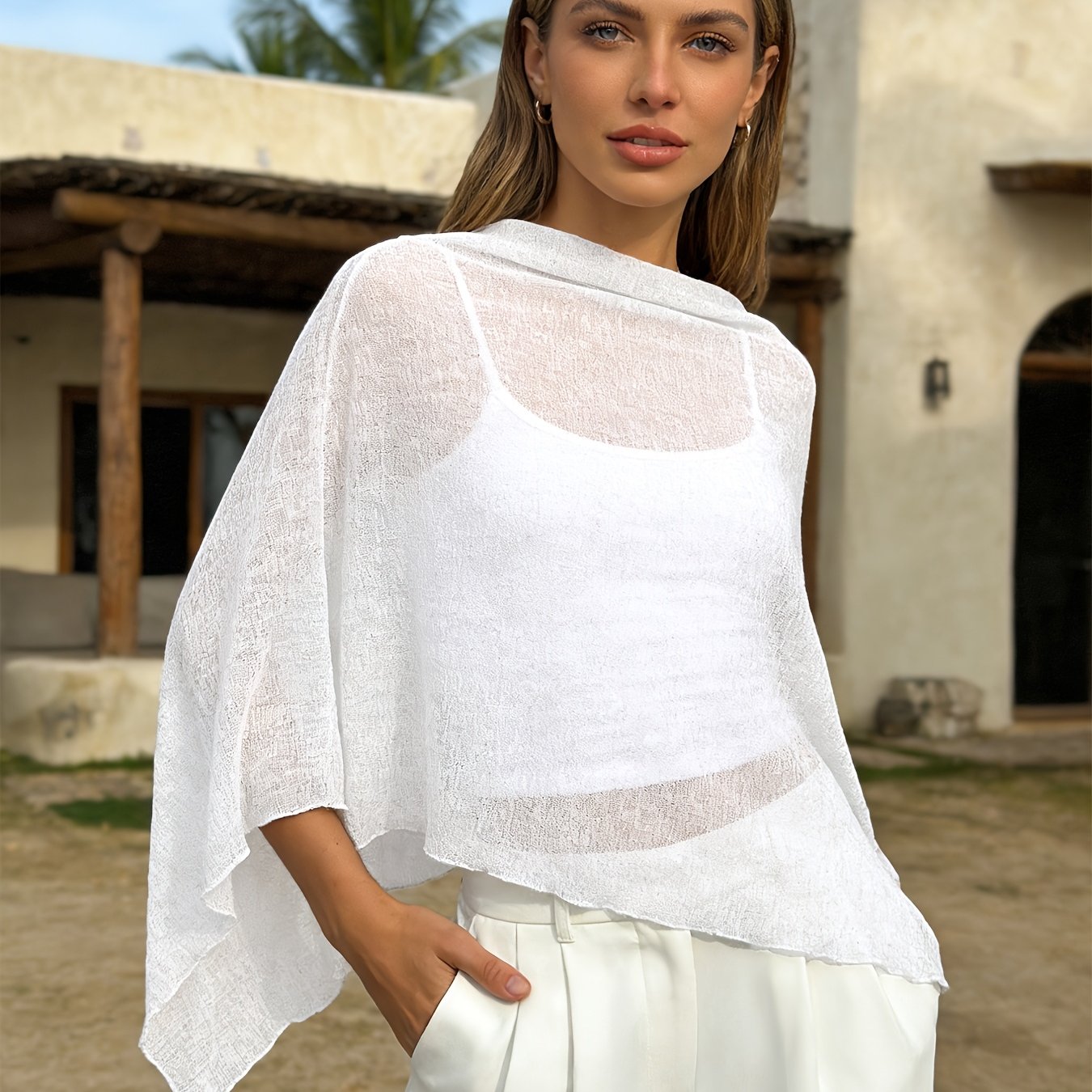 Image of Women's New Style Batwing Off-shoulder Cover-up, Casual Loose Pullover Cape Shawl, Sexy Sheer Beach Travel Bikini Outerwear, Fashionable And Elegant Designer Irregular Top