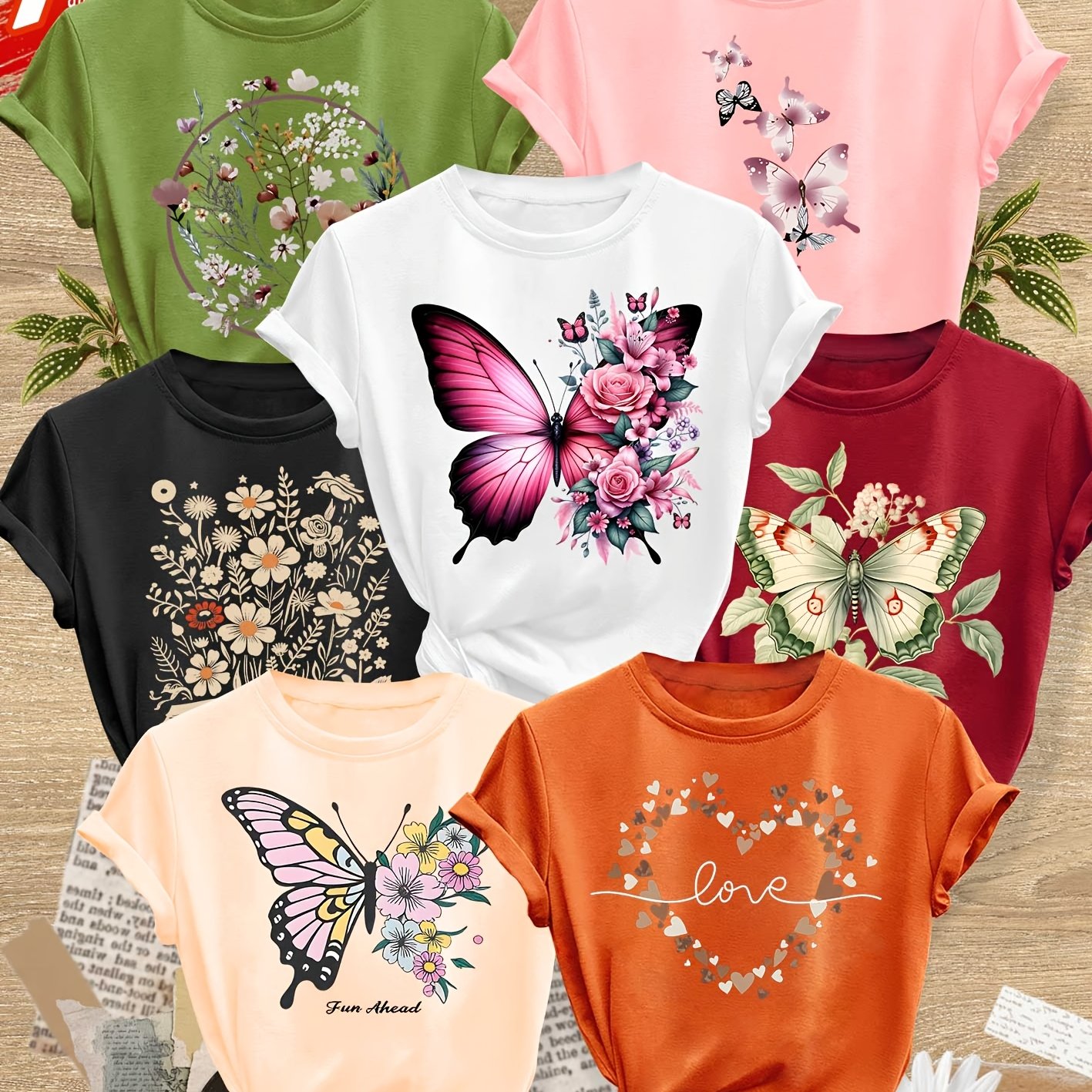 TEMU 7pcs Of Matching Outfits For Featuring Floral, Book Floral, And Heart Prints, Stylish And Elegant Summer Casual Sports Tops For Women, Soft And