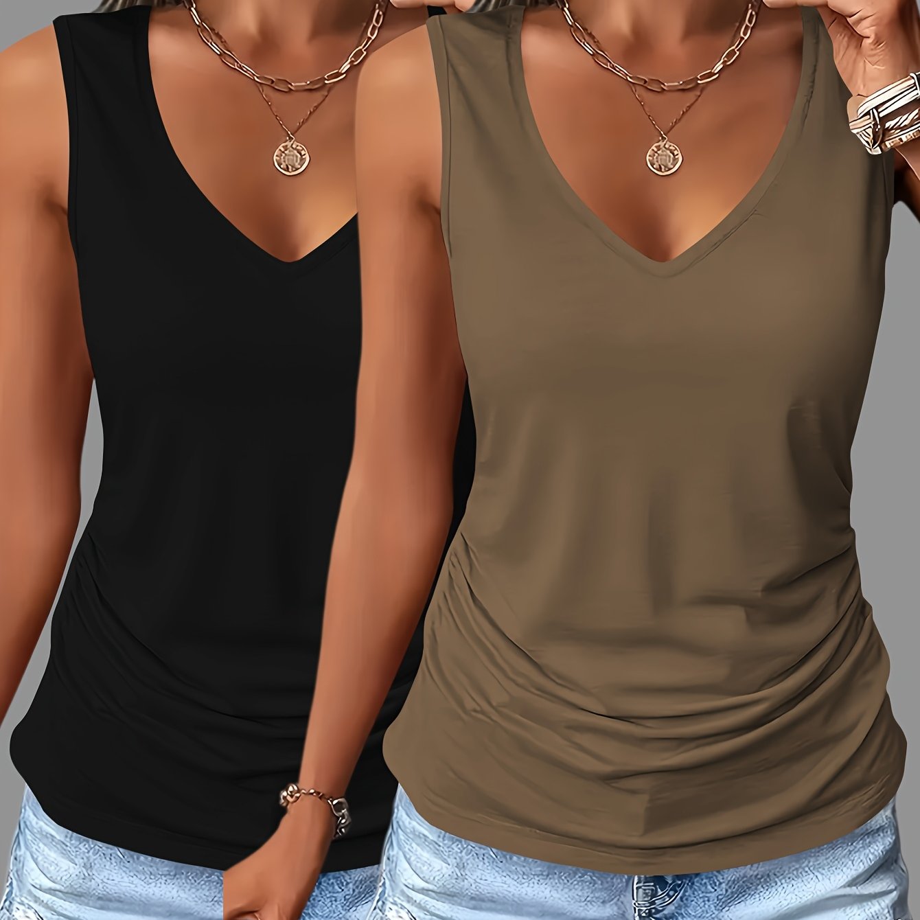 TEMU 2pcs Set Spring/summer European And Elegant Women's Pleated V-neck Slim Solid Color Sleeveless Vest, Medium-stretch Fabric, European And ,
