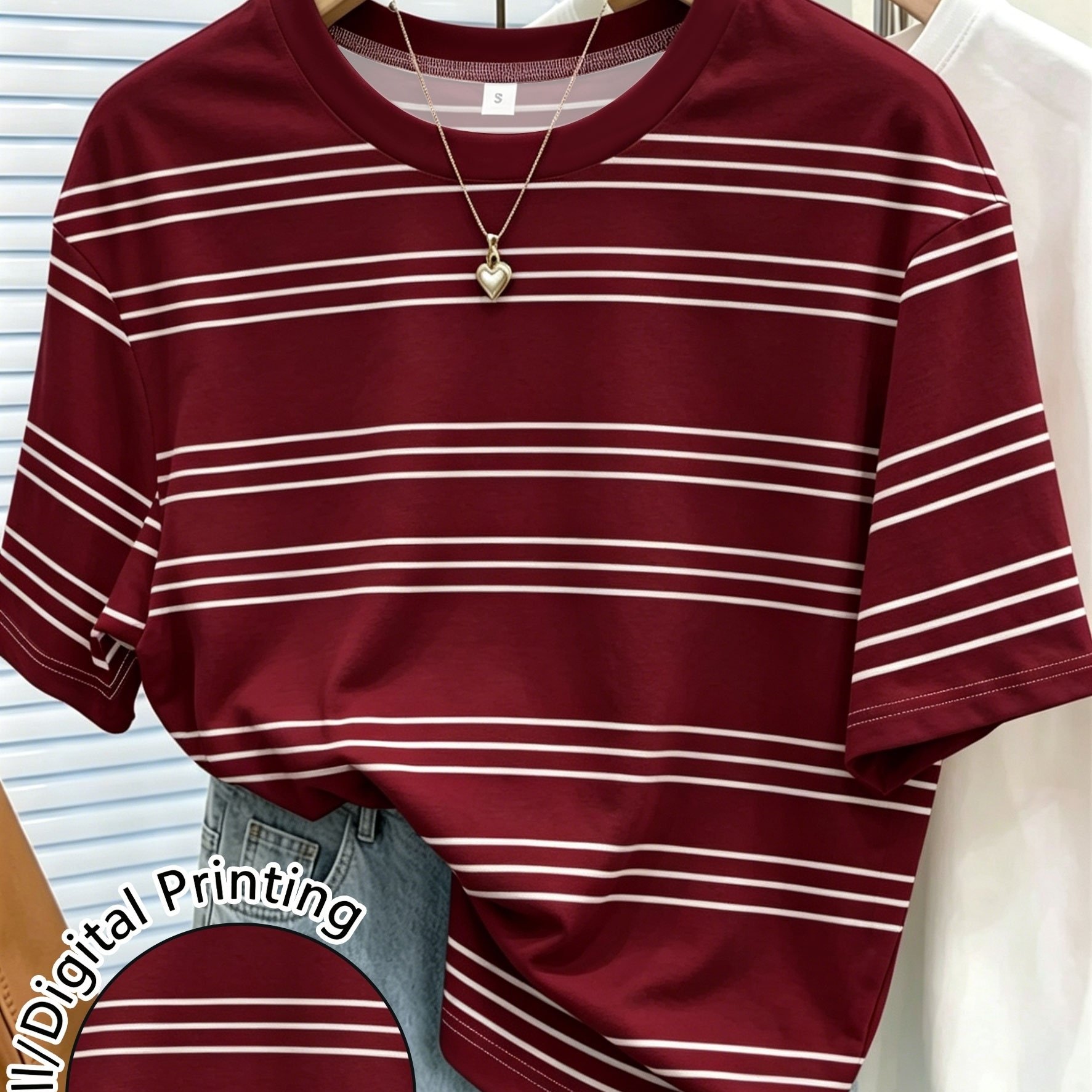 TEMU [printed Design - Non-realistic Texture] Burgundy Striped Women's Printed Round Neck Short Sleeve T-shirt