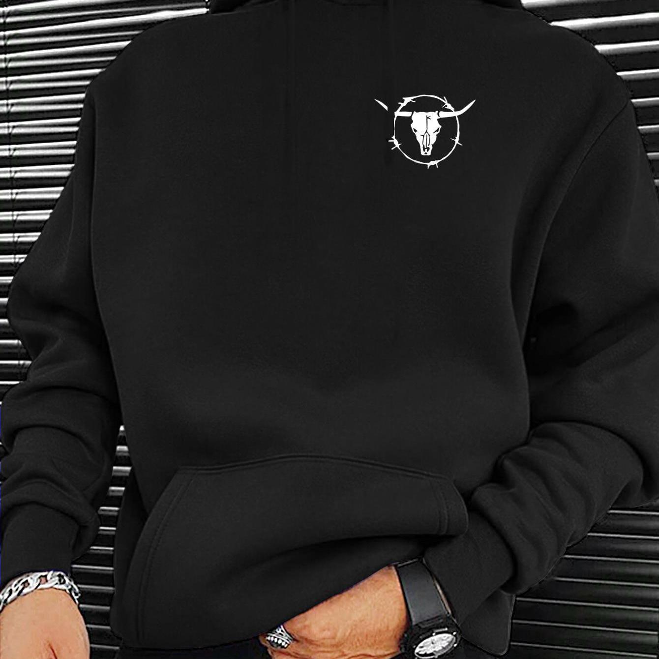 Men's Head Graphic Hooded Sweatshirt - Heat Transfer Print Pullover Hoodie With Bull Skull Design, Casual & Formal Wear, Durable Streetwear Sweater For Men, Comfortable Round Neck Long Sleeve Urban