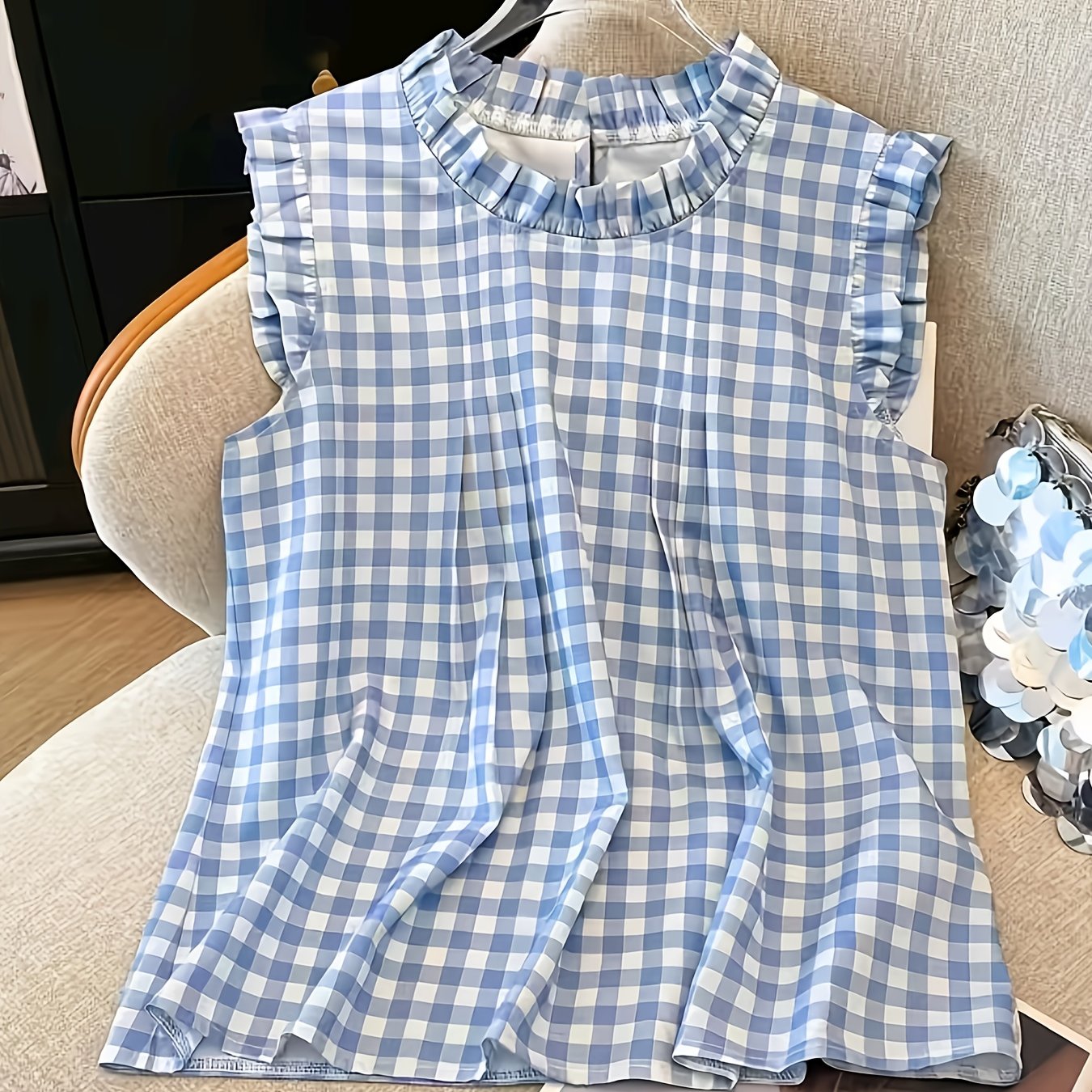 TEMU New Women's Elegant Plaid Short Sleeve Printed Blouse Top, Pleated Stand Collar Casual Shirt - Loose Fit Design - Suitable For Spring/summer