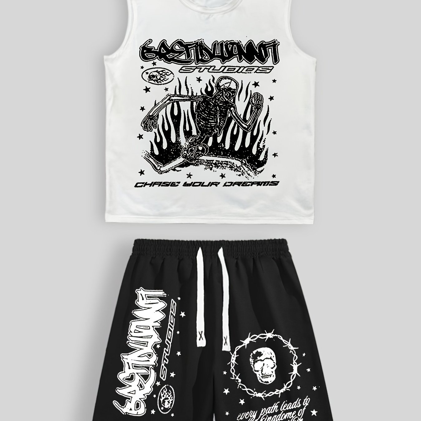 TEMU Conjunto de camiseta y pantalones cortos para hombre Y2K con estampado completo, estilo , moderno y fácil para vacaciones en