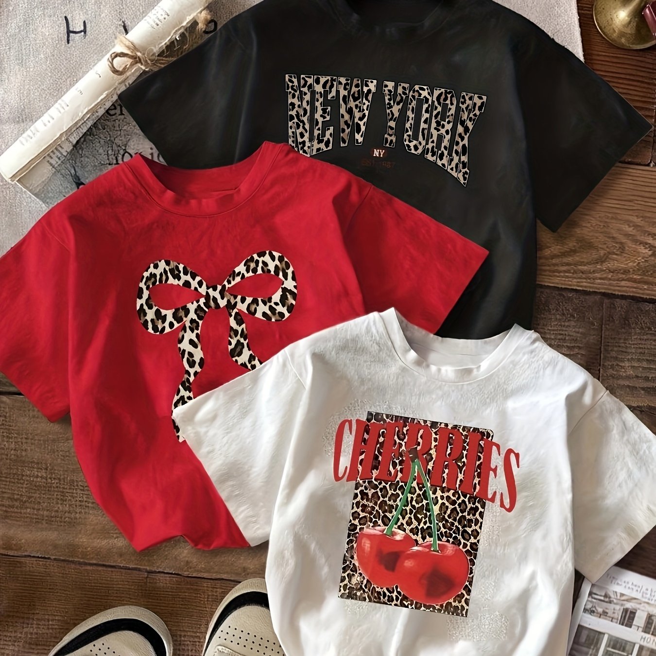 TEMU 3pcs Set Summer Casual Leopard Cherry& Print T-shirts, Short Sleeve Round Neck Graphic Tees Women Tops