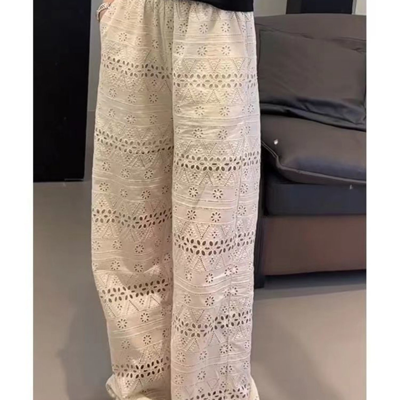 TEMU ハイウエスト レース透かし編み ワイドレッグパンツ レディース 夏用 | 軽量 スフィット