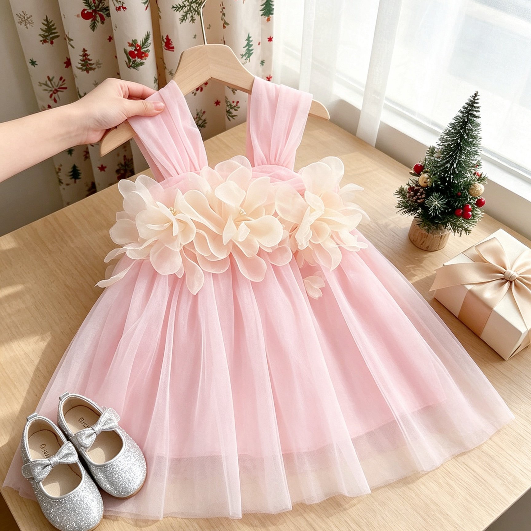 TEMU Baby Girl Toddler -season Tulle Puff 3d Heavy Work Random 3d Floral Flower Child Birthday Party Formal Event Christmas Halloween Valentine's Day