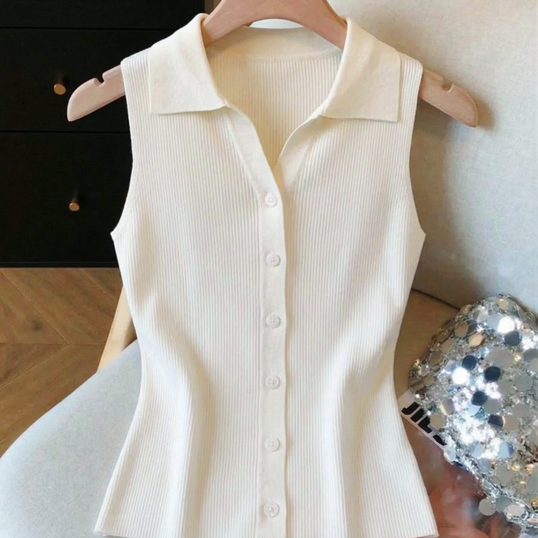 E-shop Westlicher Frühling/Sommer Neues Damenmode Einfaches Polo-Kragen Button-Up Weste Top