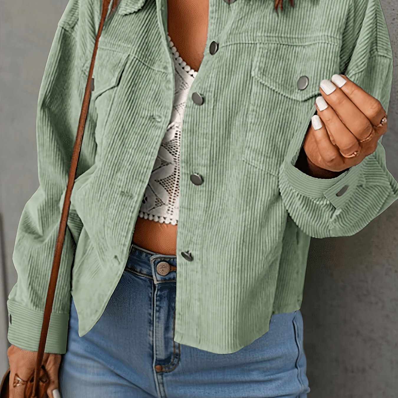 TEMU Vintage gestreifte Cord-Cropped-Shirtjacke für Damen, lockere Passform, lässige Arbeitsjacke