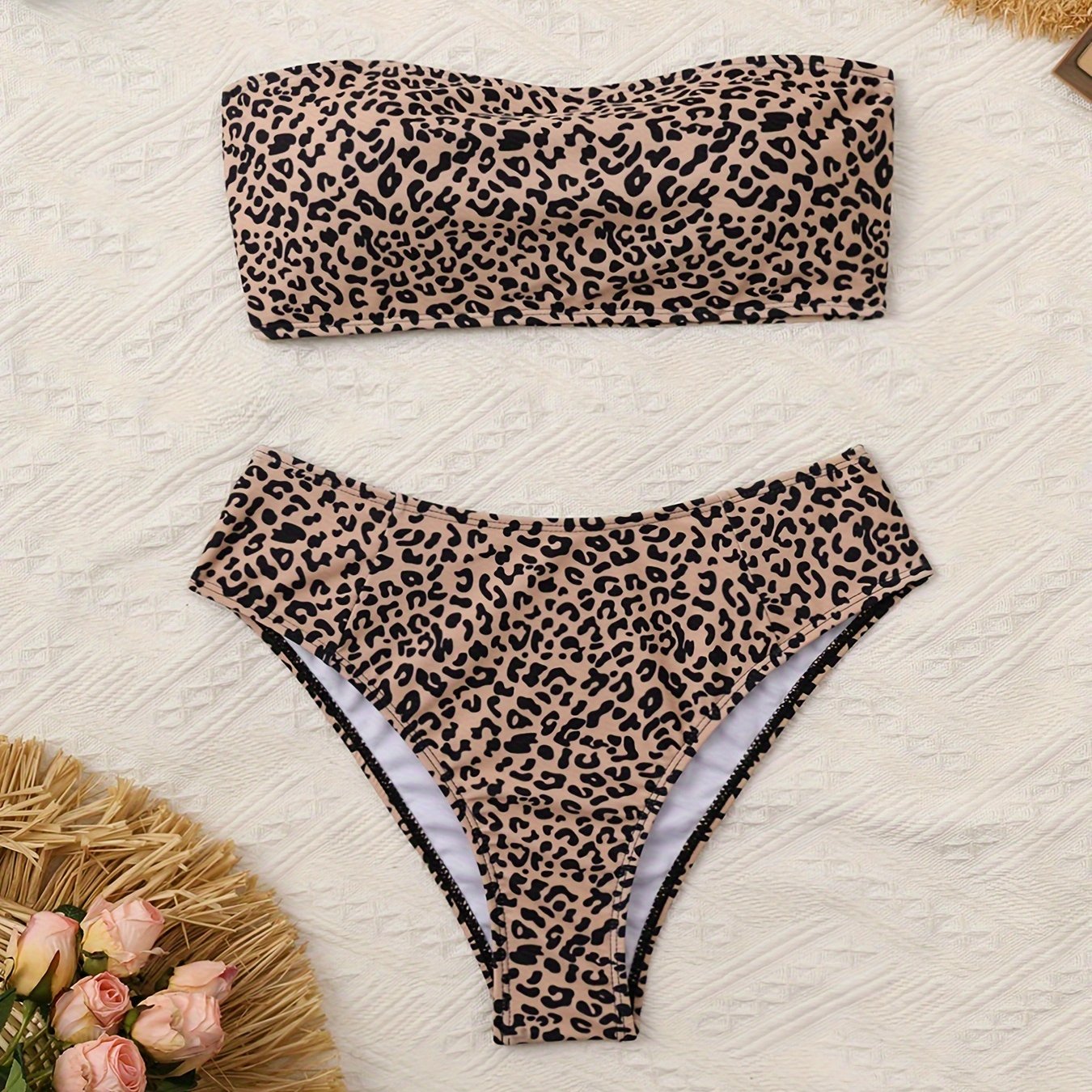 TEMU Leopard Print Bandeau Strapless Chic 2 Piece Set Bikini Swimsuits, Women's Swimwear & Clothing