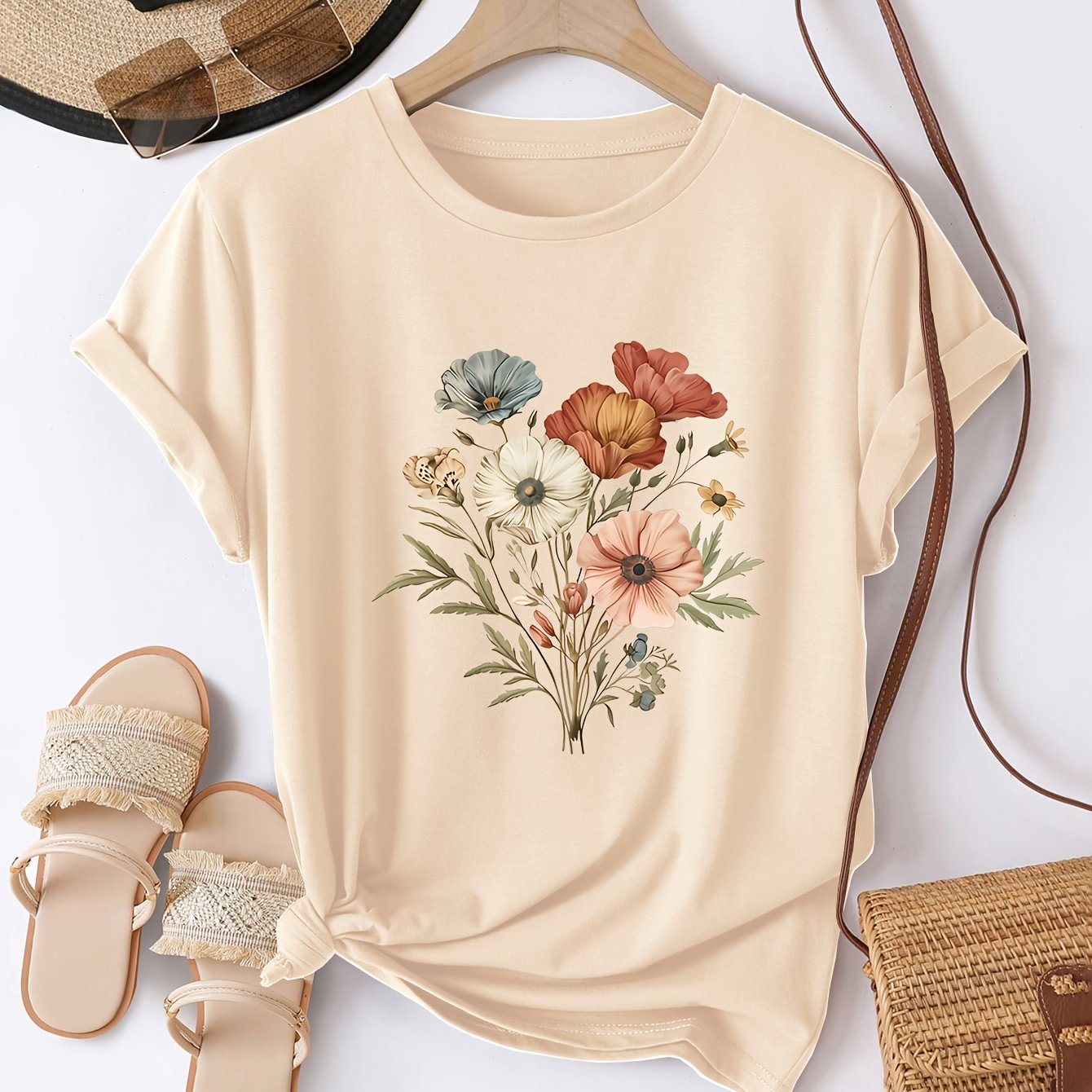 E-shop Buntes T-Shirt mit Blumenmuster, Rundhalsausschnitt, Damen Freizeit Sport Top, Kurzarmshirt für Frühling Sommer , Damenbekleidung