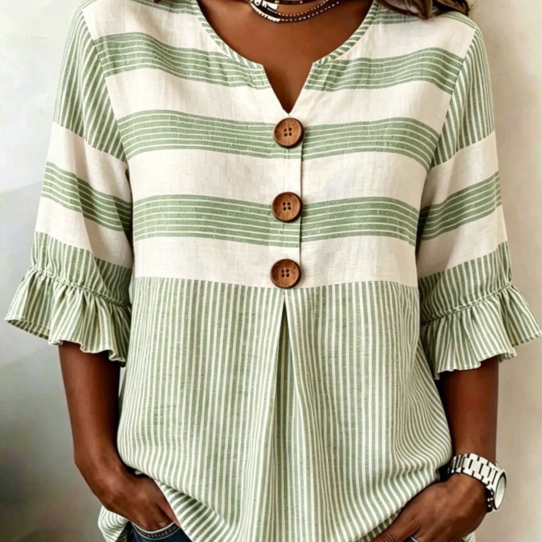 TEMU 2d Flat Printing Women's Striped Print V-neck Shirt, Casual Loose- With 34 Ruffle Sleeves And Button Details, Lightweight Summer Shirt