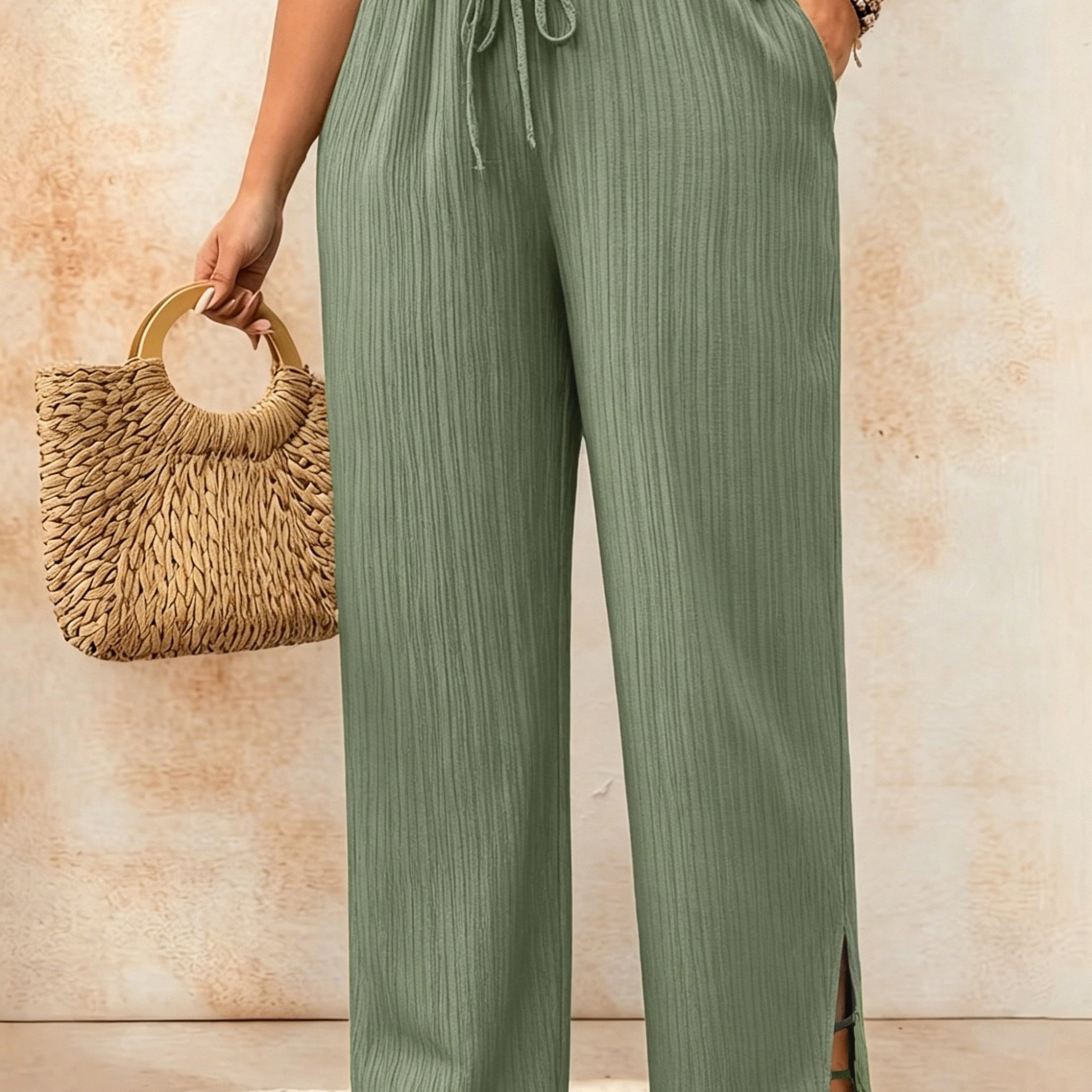 TEMU Plus Size, Qianji Ce Extended Collection: Plus-size Stylish Women' Color Textured Wide-leg Pants, Elastic Waist Slit Ankle Pants, Casual