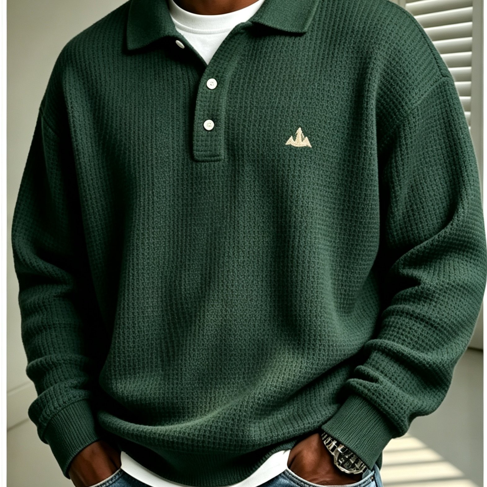 TEMU Neu eingetroffener Herren-Waffel-Polo-Sweatshirt in Standardgröße mit minimalistischer Berg-Logo-Stickerei auf der Brust, bequem cool für den