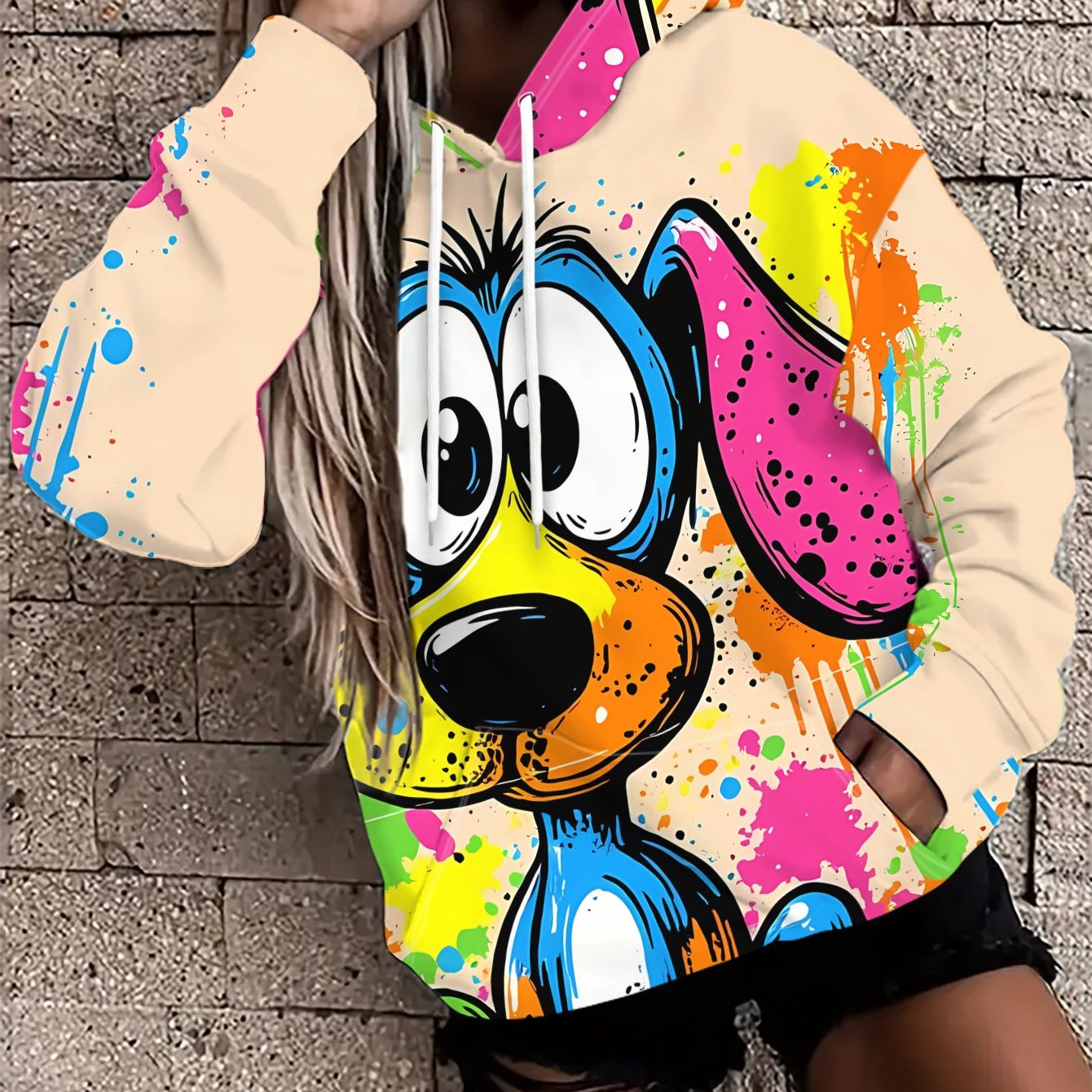 TEMU A Fashionable Women's Loose -style Hoodie Featuring A Colorful Cartoon Dog, Set Against A Backdrop Of . Made From A Stretchy Blend