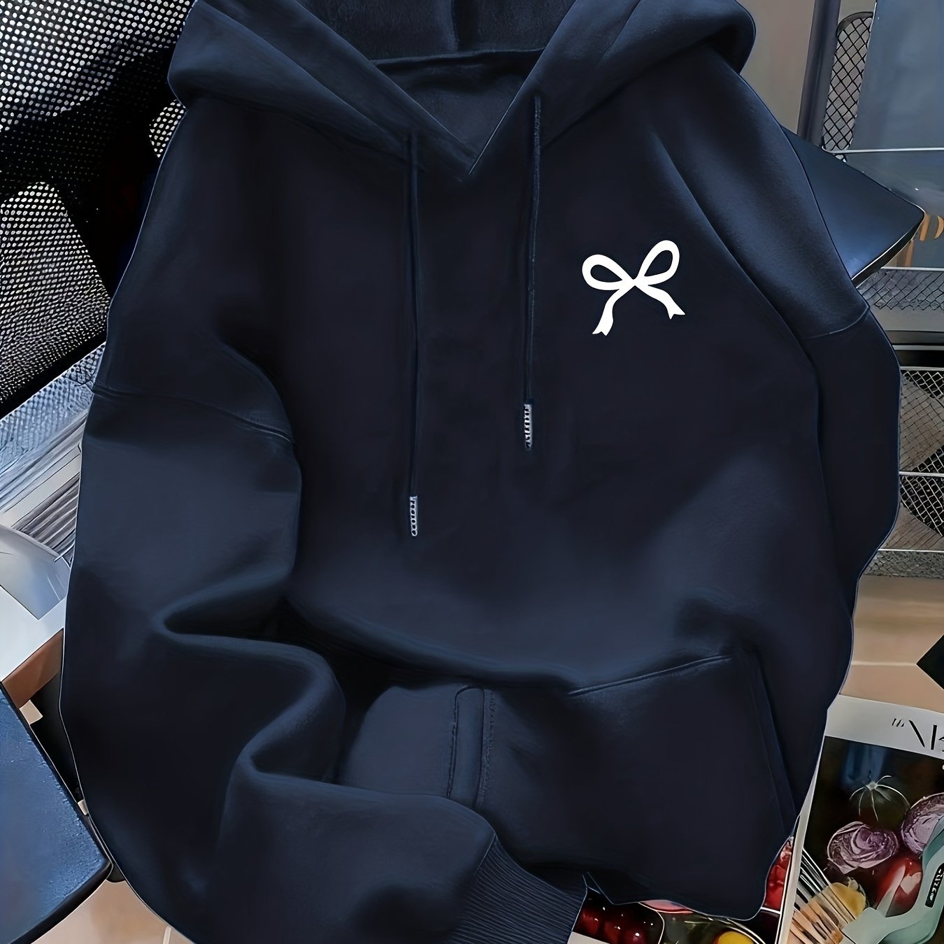 TEMU Sweat à capuche décontracté pour femmes d', avec nœud papillon et imprimé géométrique, et à cordon de serrage, tissu confortable lavable en