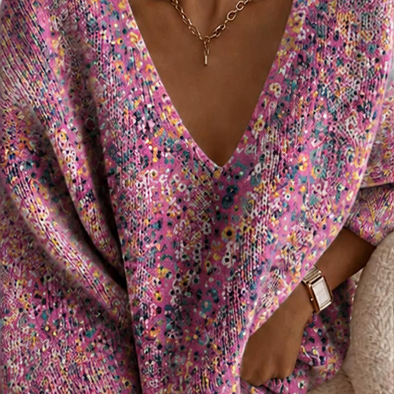 Image of Plus Size Long Sleeve V-neck Sweater, Pink Floral Print V-neck Sweater For Women Casual Spring And Versatile Elegant Loose-fit Comfortable Sweater For Women, Autumn/winter Sweater For Women With