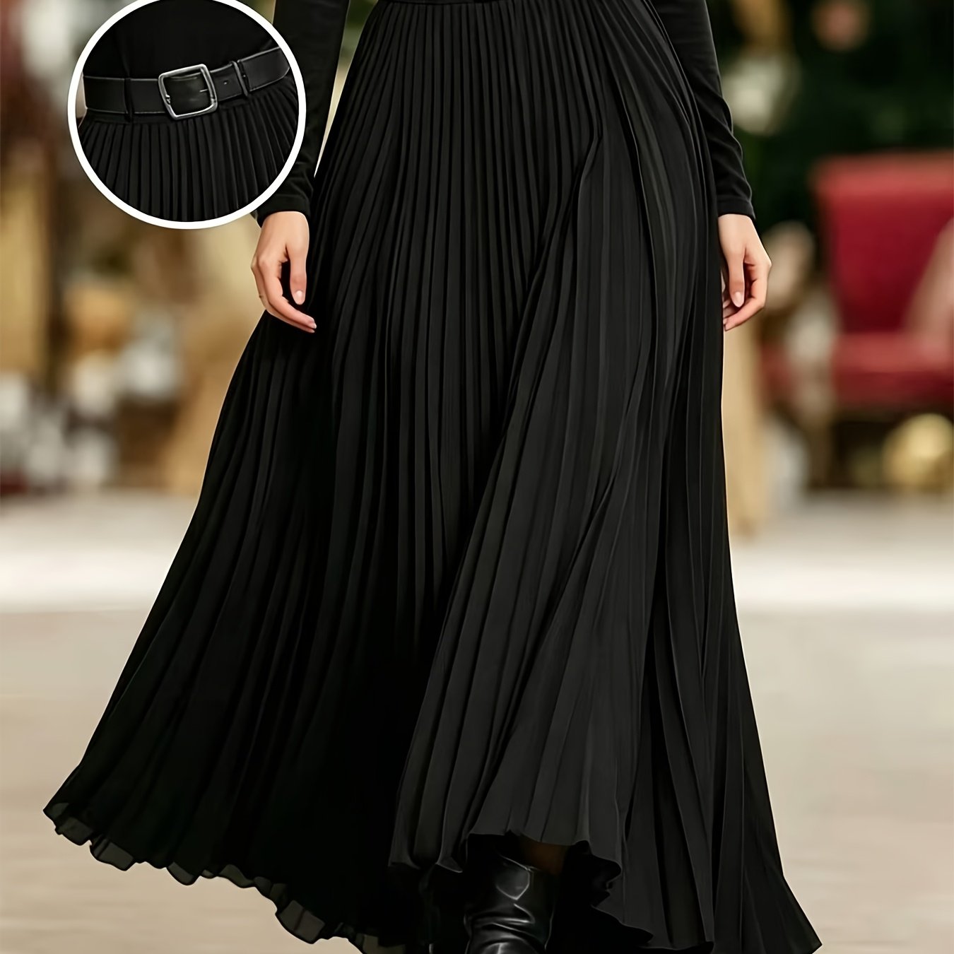 TEMU Women' And Elegant Solid-color Pleated Casual Skirt, Suitable For Wedding Guests, Office Commuting, And Evening Parties, Showcasing Autumn-; A