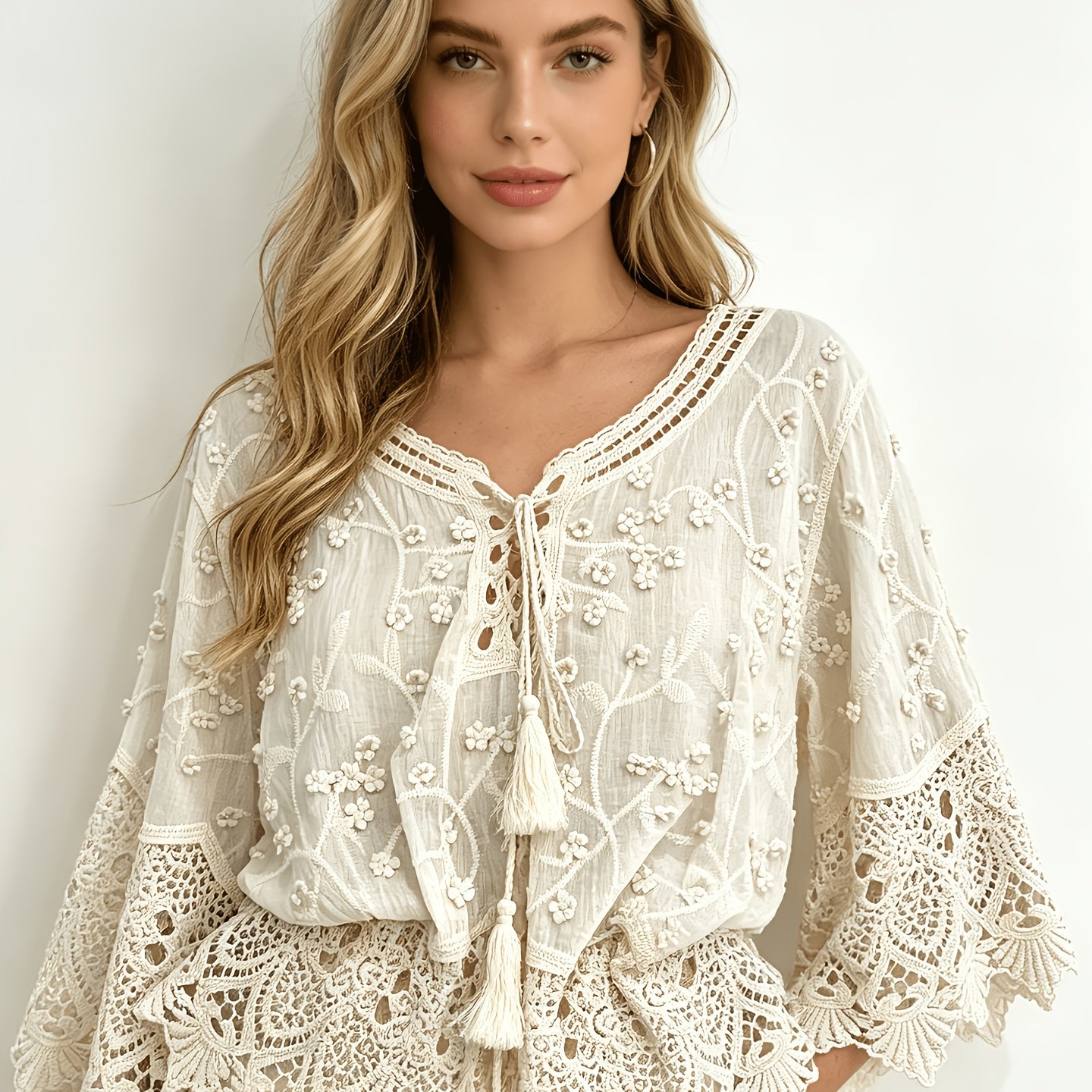 TEMU Gentle Openwork Lace Blouse For Women, Waist-cinching Flared Sleeve Top, Beach Vacation Outer Cover-up