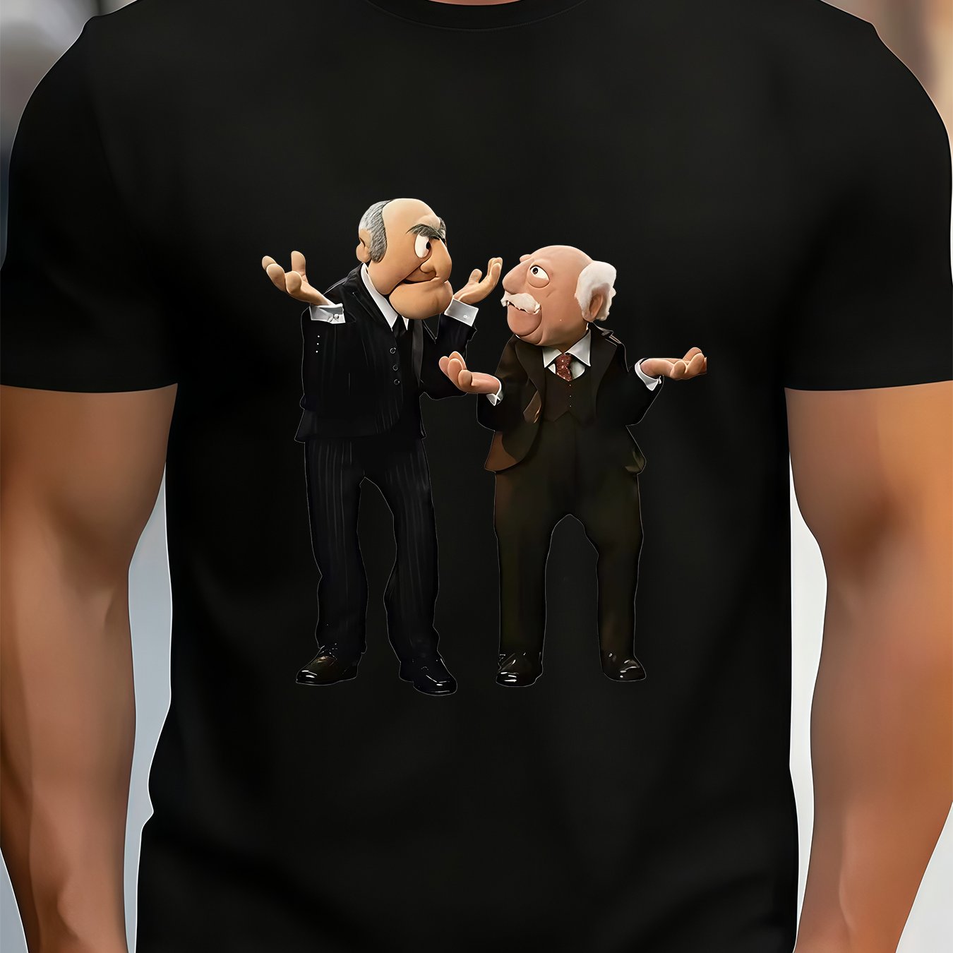 TEMU Men's Humorous T-shirt - Classic Muppet Duo, Soft And Breathable, 100% Polyester Fiber, Fun Graphic Design, Crew Neck, Short Sleeve Summer