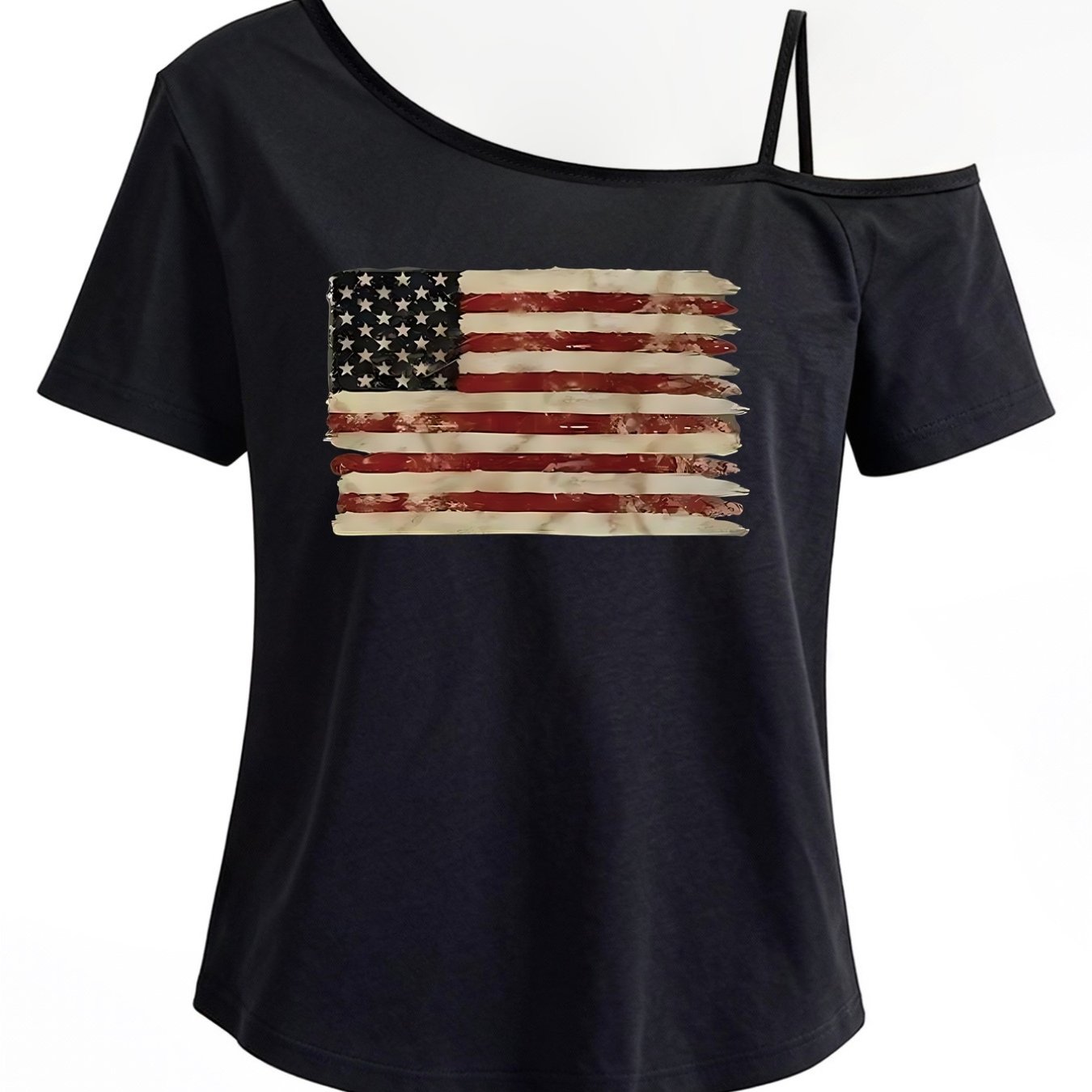 Image of One-shoulder Short-sleeve T-shirt, American Flag Print, Patriotic Fashion Top, Slanted Shoulder Strap, Sexy Off-shoulder Style, Casual And Comfortable