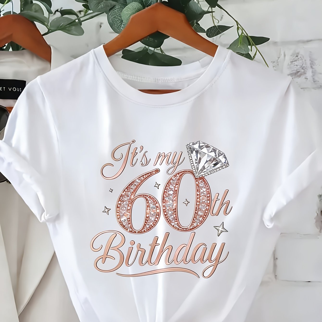 TEMU A 2d Printed Round-neck Short-sleeve T-shirt With A Design For A Woman's 60th Birthday Celebration, Suitable For