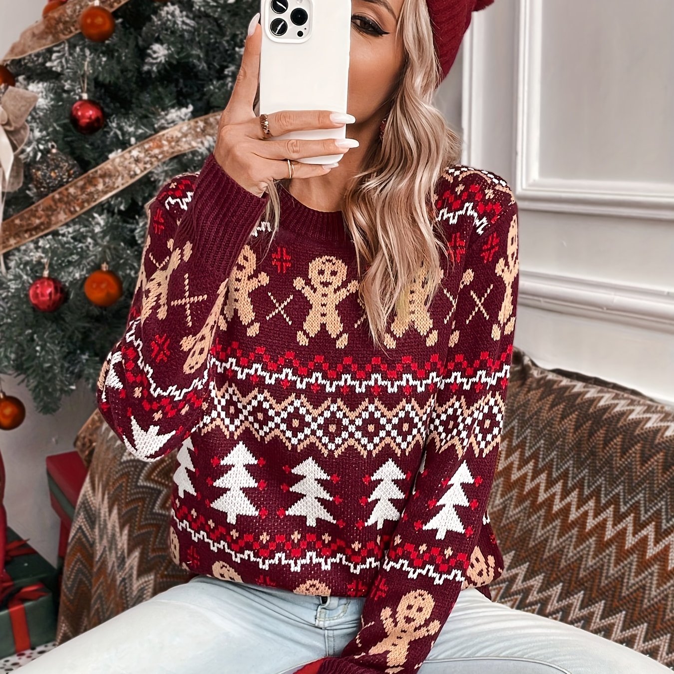 Image of Autumn Winter Women's Christmas Halloween Holiday Pullover Sweater, New Arrival, Drop Shoulder Long Sleeve, Versatile Elegant Color Block Reindeer And Tree Round Neck Sweater