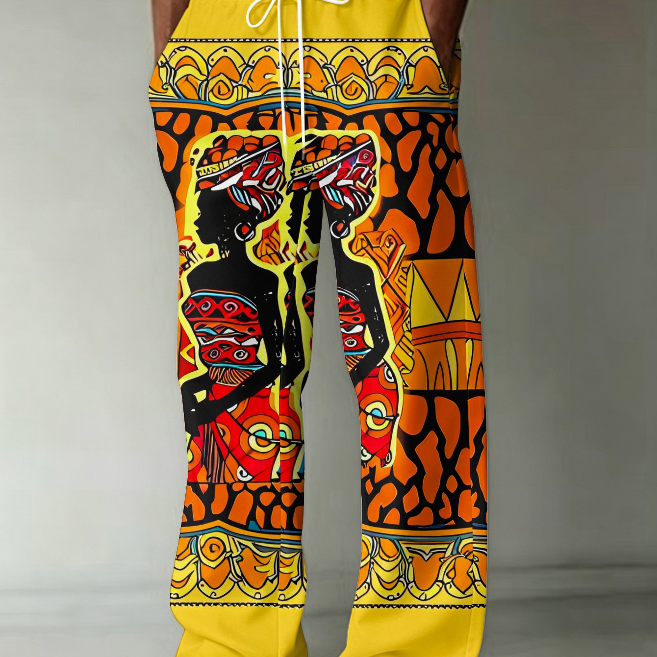 TEMU Fashion Print Men's Long Pants, Showcases African Style Decor, Silhouette Of Figures With Vibrant Floral Patterns, Pocketed Drawstring Straight