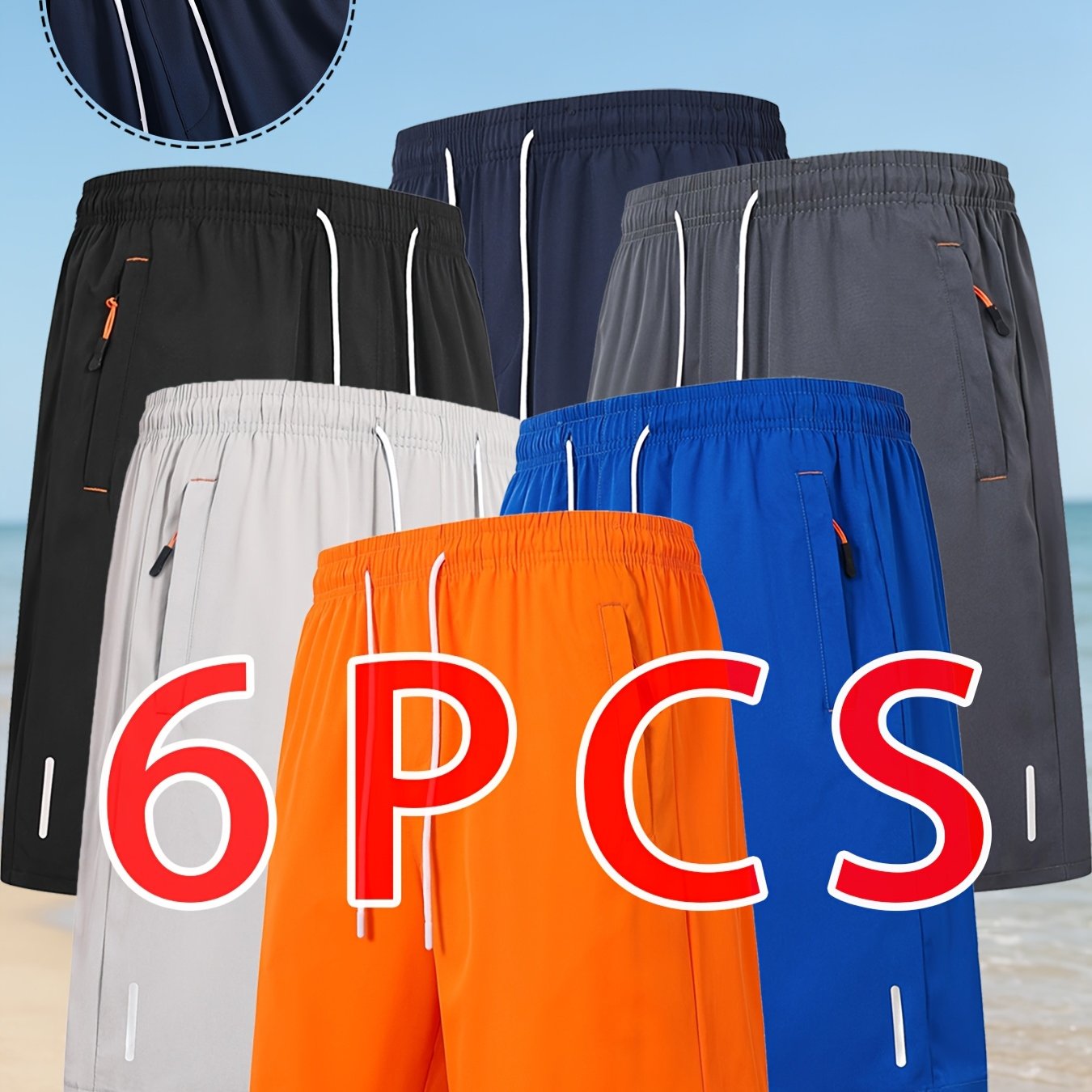 Image of 6pcs Affordable Set. Fashionable Men's Shorts, Versatile Combination Shorts Set, Elastic Waistband With Drawstring, Hidden Zipper Pockets, Lightweight And Breathable Design.