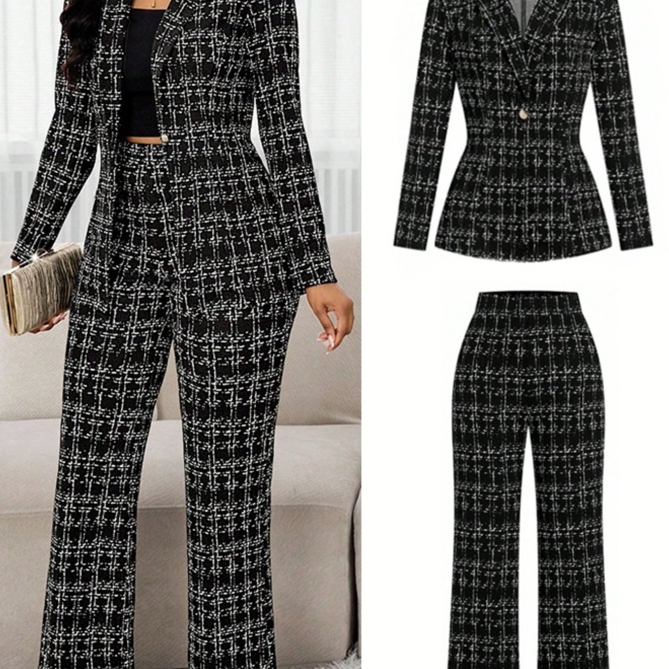 TEMU Women'-piece Set Featuring A Plaid Blazer With A Single Button And Flared Trousers, Perfect For Office Look And Suitable For Work Or Casual Business Events