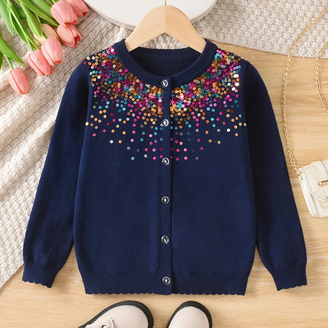 Image of Girls' Elegant Colorful Sequined Round Neck Cardigan For Casual Wear, Suitable For Spring, Autumn, And Winter