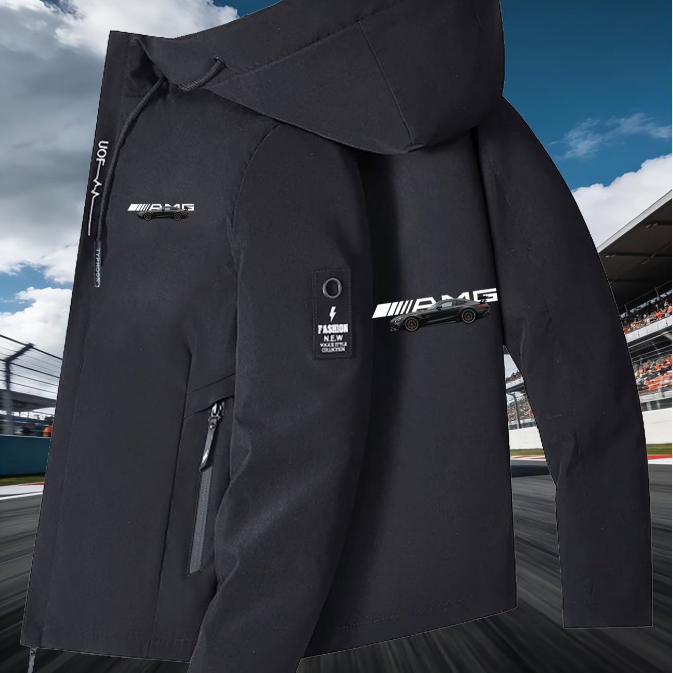 TEMU Men's Stylish Sports Car Logo Hooded Jacket, Lightweight And Windproof, For Young And Middle-aged Individuals And Racing Enthusiasts, Suitable