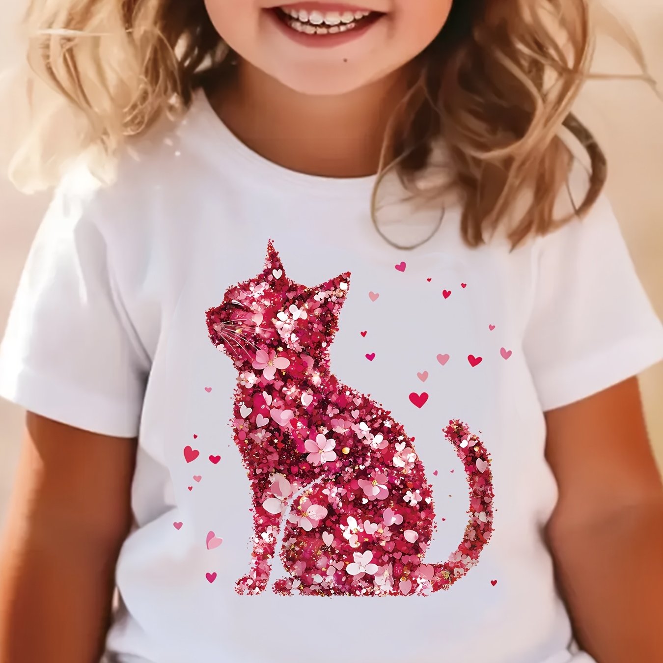 Cute Girls' T-shirts, Including A Cat Print T-shirt With Faux Sequin Design, A Romantic Red Floral Print T-shirt, A Round Neck Short-sleeved Casual Top, For Summer .