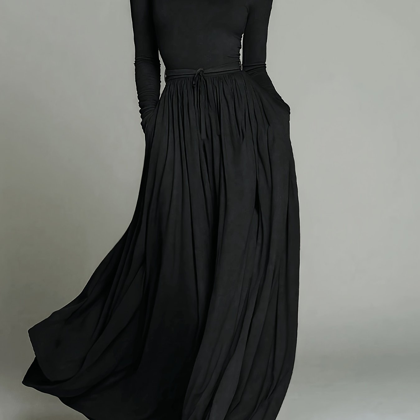 TEMU Women's Long Dress, Solid Color High Neck Long Sleeve Slim Fit Dress, Waist Tie Detail, Flowy And, Vintage Style, Versatile Office Dress,