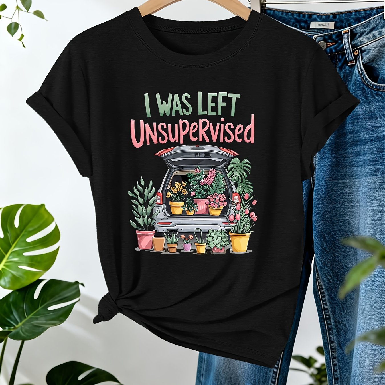 TEMU Y-car Floral Pot, I Was Unattended With Plants - Humorous Cartoon Car & Potted Plants T-shirt, Short Sleeve Crew Neck Casual Top For , Women's