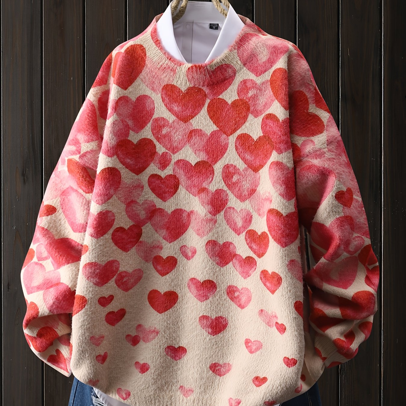 Red Heart Pattern Pullover, Casual Round Neck Long Sleeve Top For Women