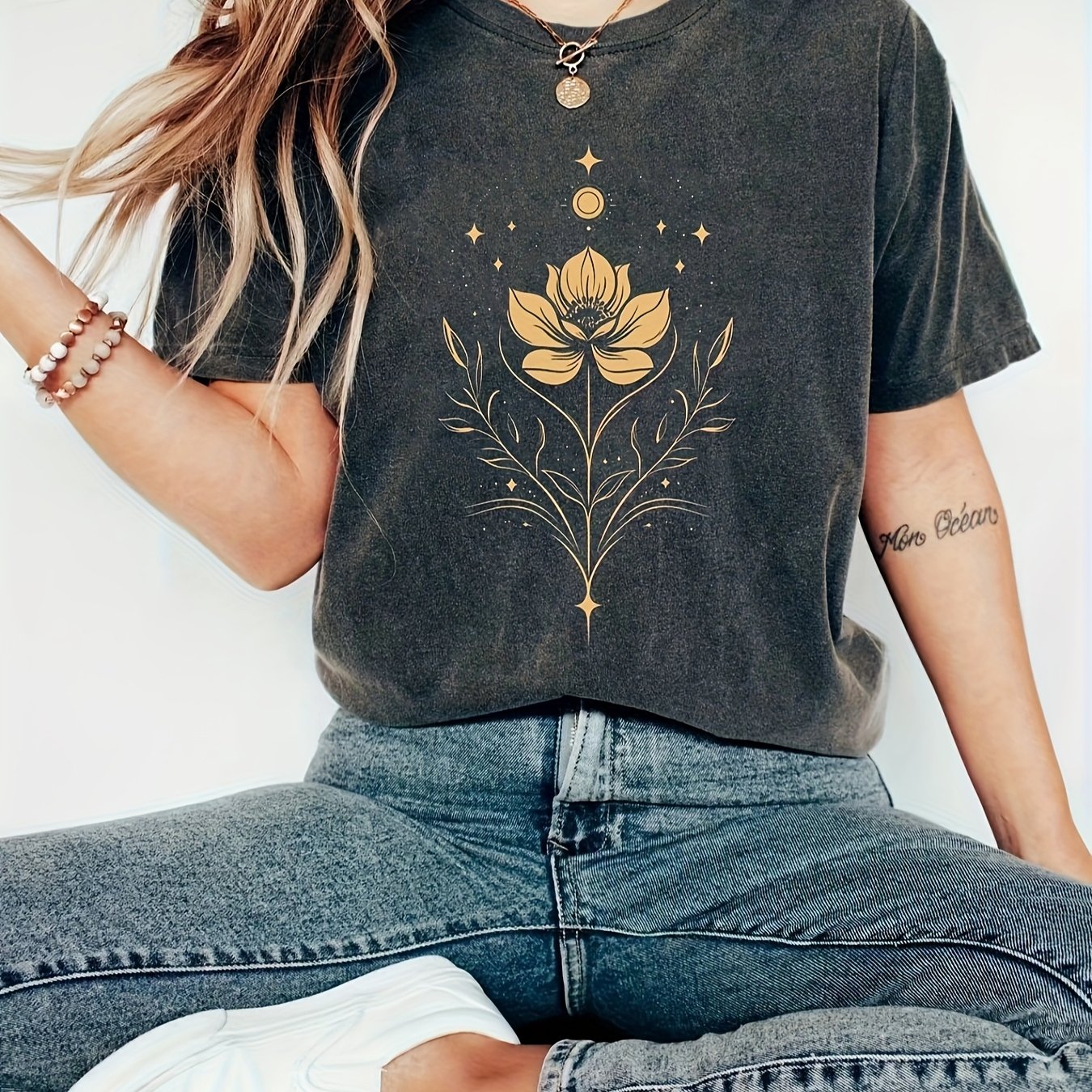 Image of Color Floral Celestial T-shirt, Bohemian Style Shirt, Vintage Floral T-shirt, Gift Shirt