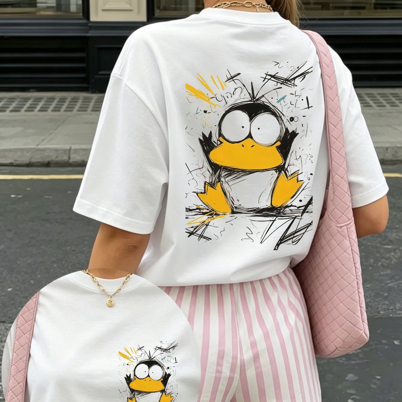 Image of Graffiti-style Cartoon Bird Graphic T-shirt | Oversized Street Art Print Tee | Hand-drawn Sketch Character Casual Top | Urban Doodle Design Summer Wear | Relaxed Fit Everyday Essential