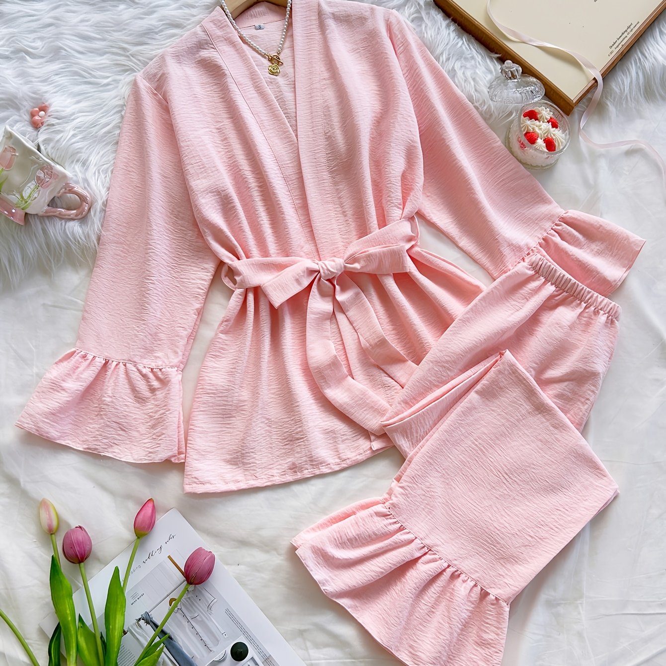 TEMU 2pcs Women's Casual And Sleepwear Set With Sleeves, Elegant Tie-front Robe And Long Pants, Suitable For