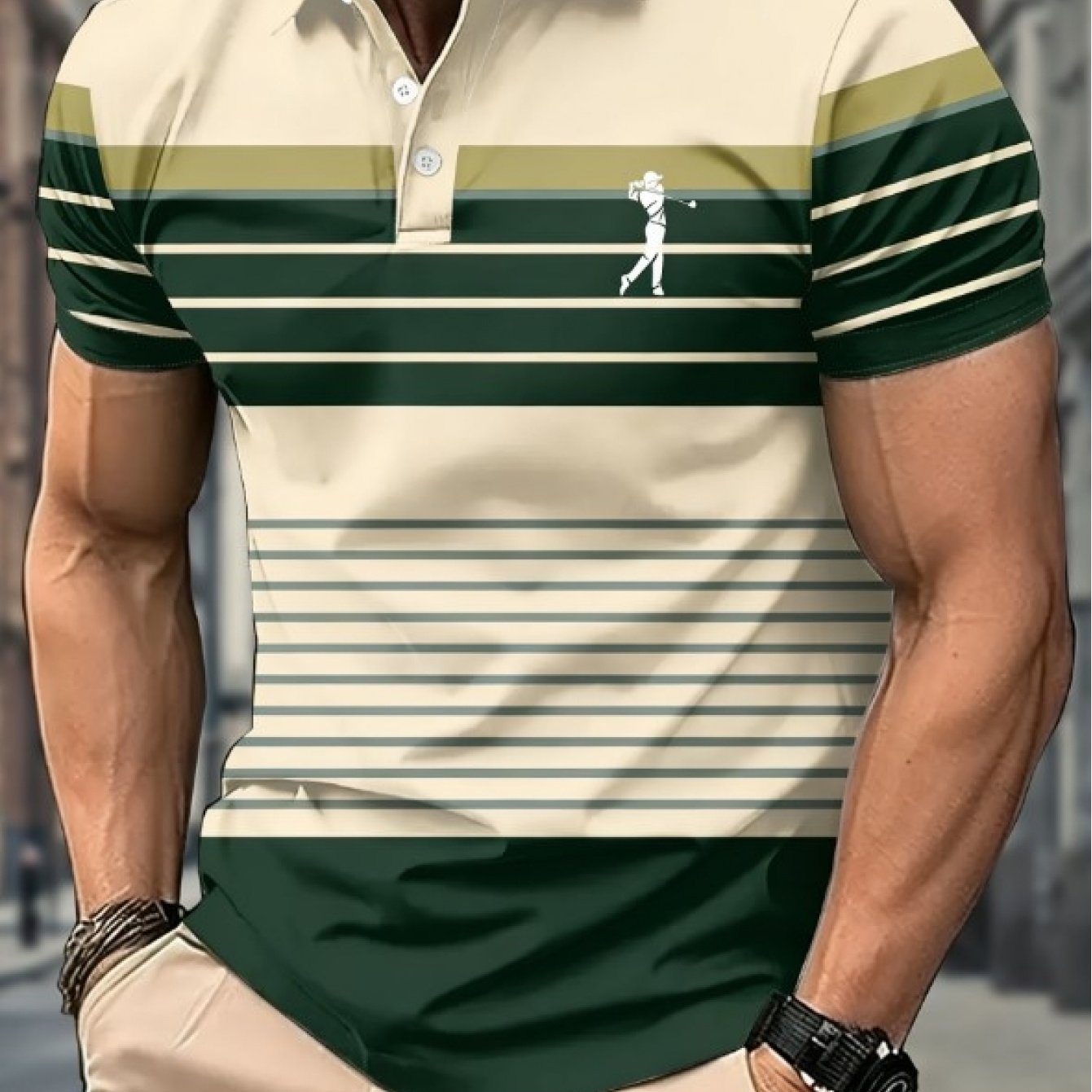 TEMU [printed Design - Not Textured] - - Men's Short Sleeve Casual Printed Golf Shirt, Striped Golf Sports Pattern, Sporty Style, Men's Summer Short