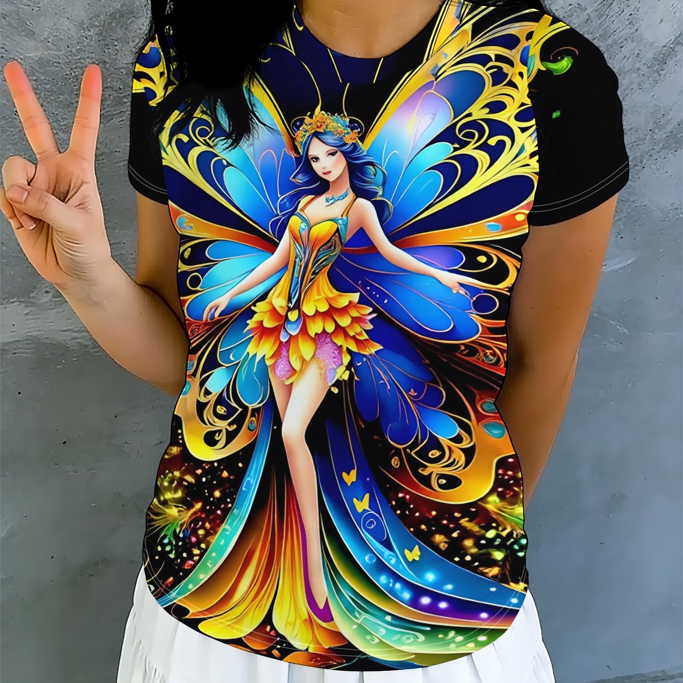 TEMU Summer Women's Short Sleeve T-shirt, Fairy Effect Print Pattern, Fiber, Machine Washable Women's Top, Fashionable Round Neck T-shirt