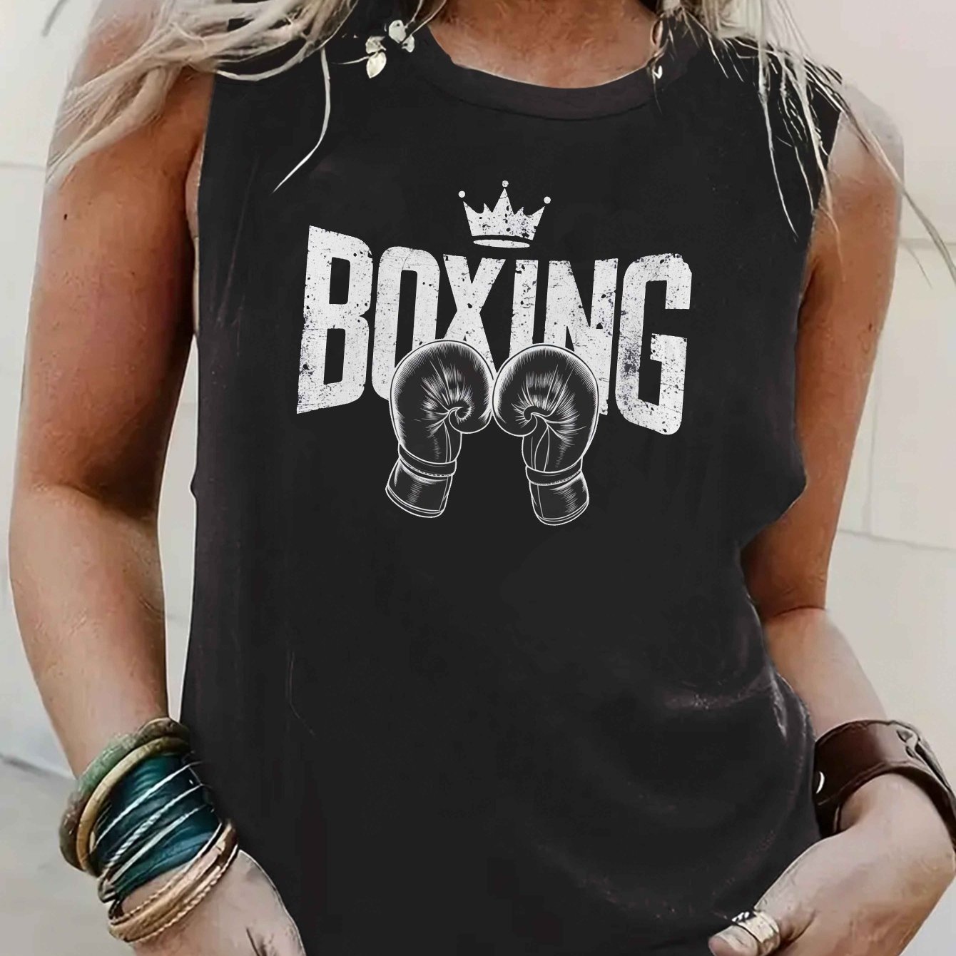 TEMU Women's Vest Featuring Boxing Design With A Crown And Gloves