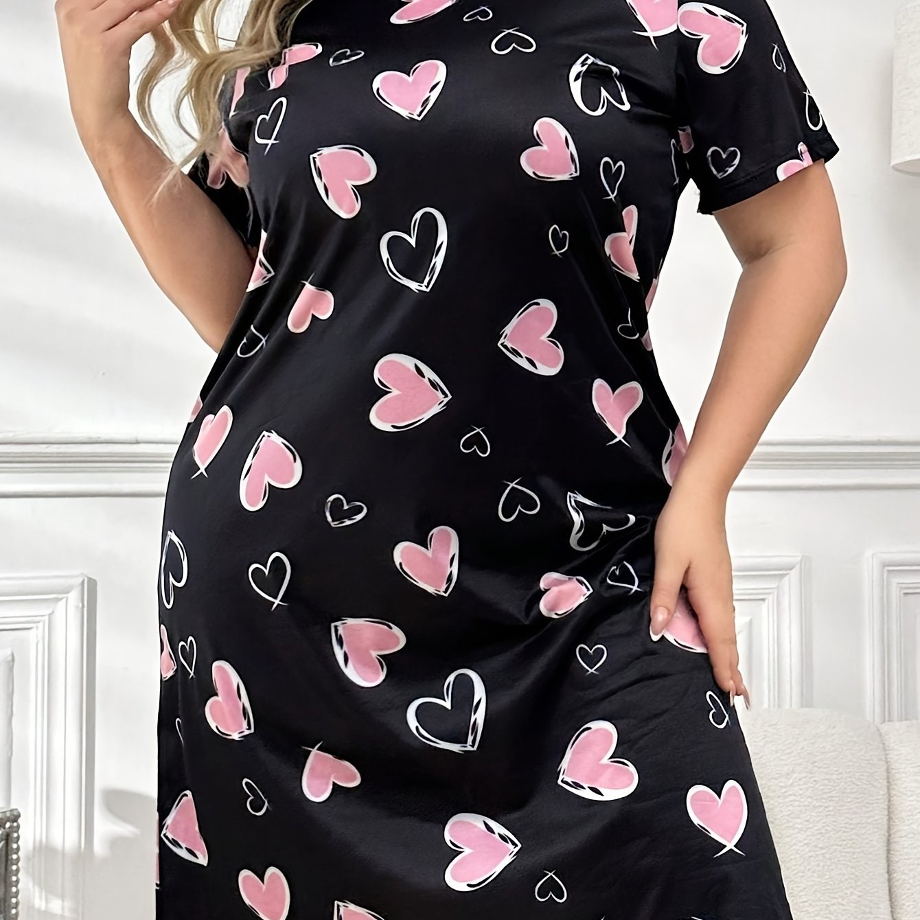 Image of Plus Size Women's Nightgown, Plus Size Sleep Dress, Plus Size Pajamas With Print, Comfortable Short Sleeve Sleep Dress Loungewear