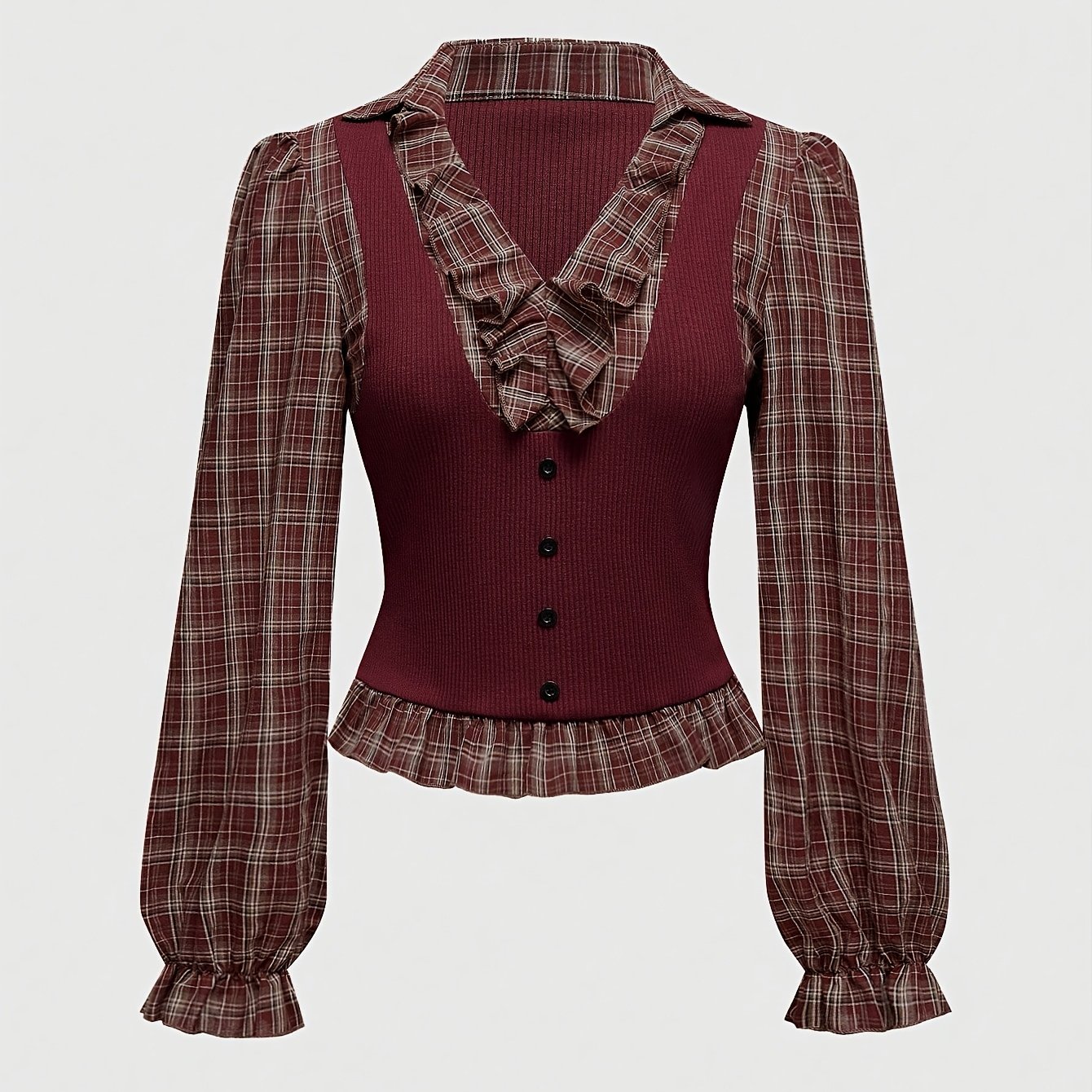 E-shop Elegantes Damen-Langarmshirt im Richtungsstil, Vintage-Gothic-Karos, Patchwork, 2-in-1