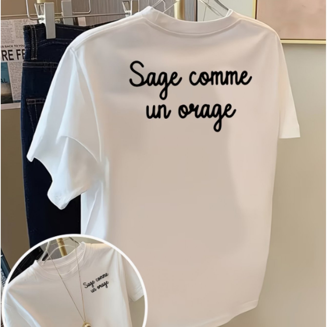 TEMU T-shirt décontracté pour femme, « Sage Un Orage » en français à l' et à l'arrière, manches courtes avec motif - , vêtement pour femme - T-shirt