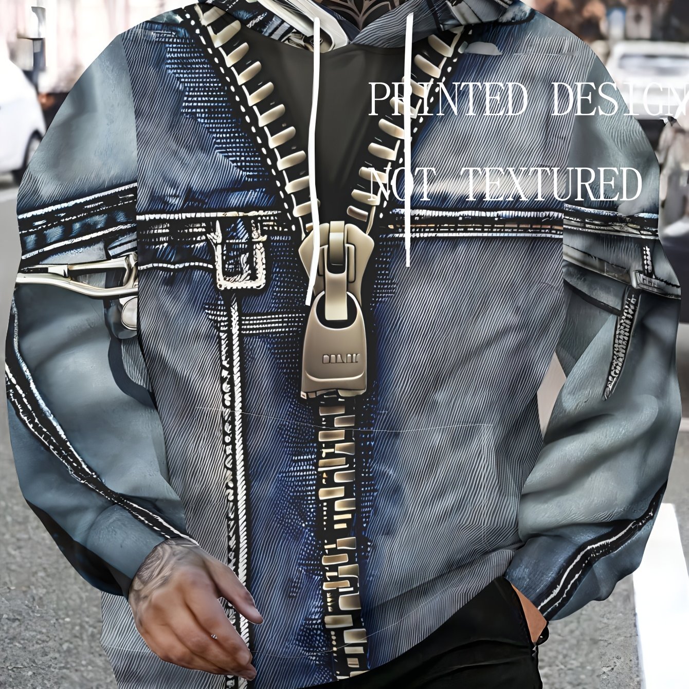 TEMU Sudadera con capucha de moda, delantera tipo chaqueta de mezclilla sintética, cierre de cremallera de metal y de bolsillo frontal - elástica,