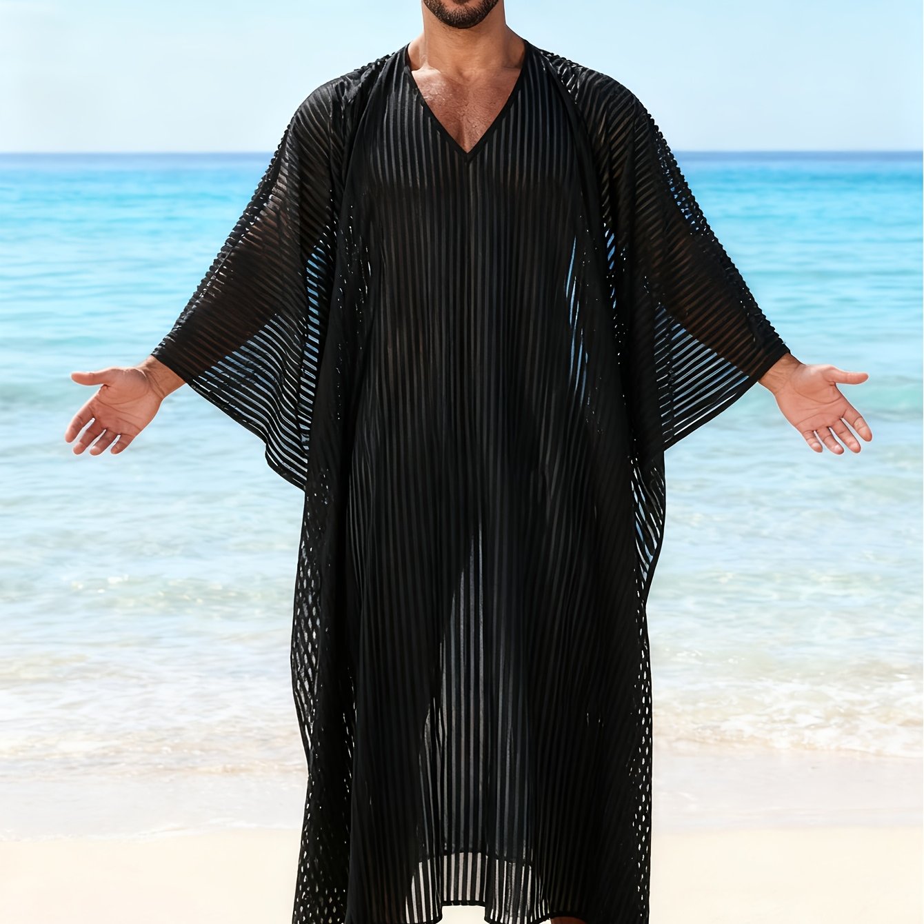's Black Semi-transparent Cape Robe With Striped V-neck And Short Sleeves, Featuring A Loose And Stylish , Vacations And Wild Halloween Or Christmas Celebrations, As A Gift