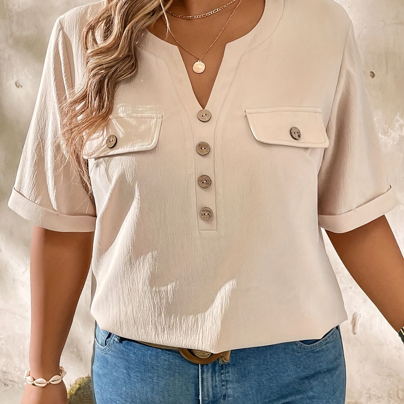 TEMU Plus Size, Plus Size Women's Casual Elegant Daily Solid Color Notch Neck Button Detail Short Sleeve Shirt