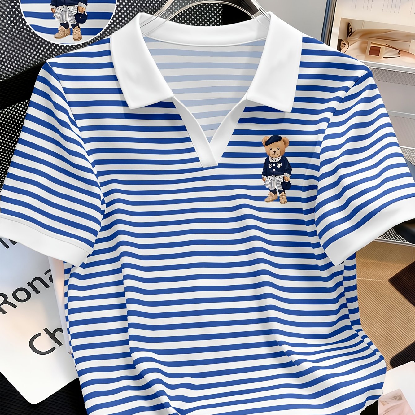 TEMU Cute And Anthropomorphic Bear Women's Pattern Printed Fashion Striped Shirt, Soft And Smooth Fabric, Comfortable And Wrinkle-resistant, Classic