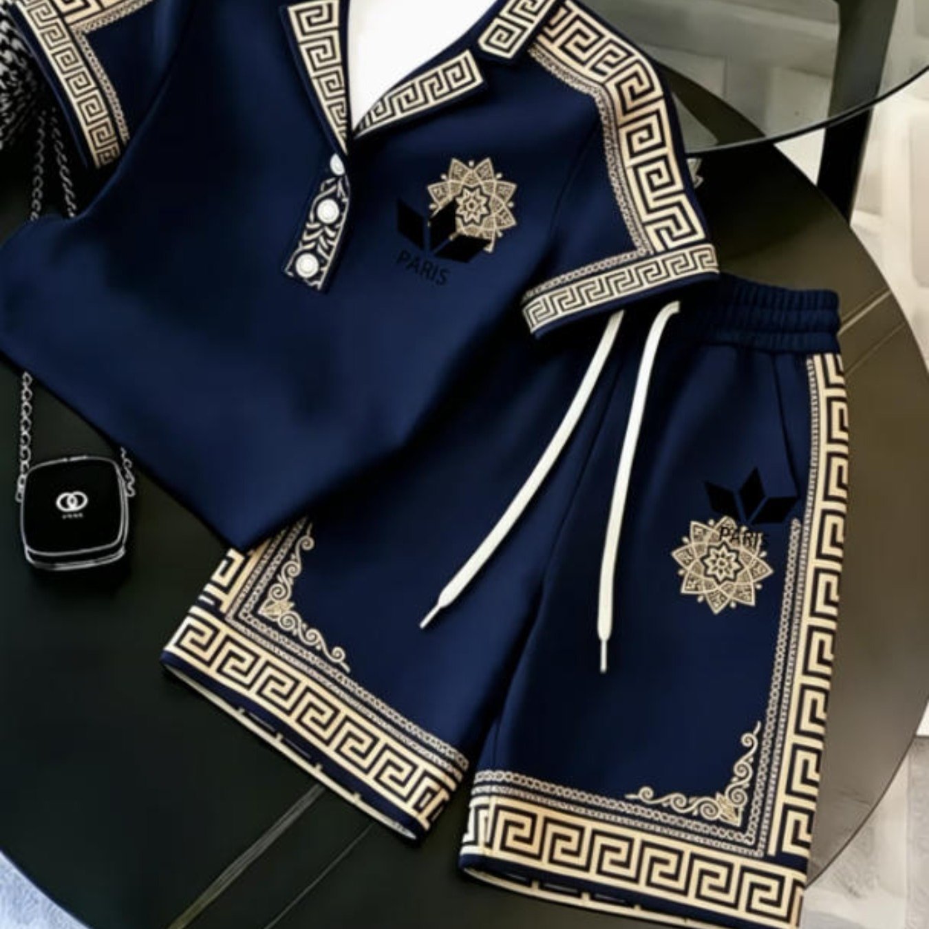 Men's Outfits Casual Trendy Greek Key Geometric Pattern Paris Logo Embroidered Short Sleeve Shirt Drawstring Shorts Set Men's Fashion Adults Men Street Style Casual Wear Holiday Gift