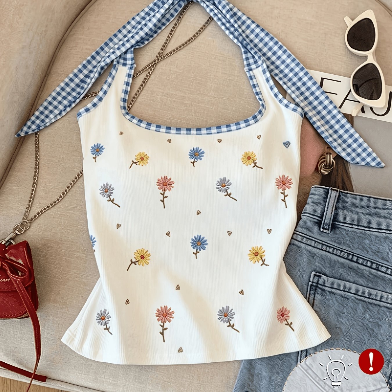 TEMU New Women's Spring Summer Autumn Style, Women's Casual Color-block Floral Pattern Versatile Camisole Off-shoulder Backless Tie-string Cami